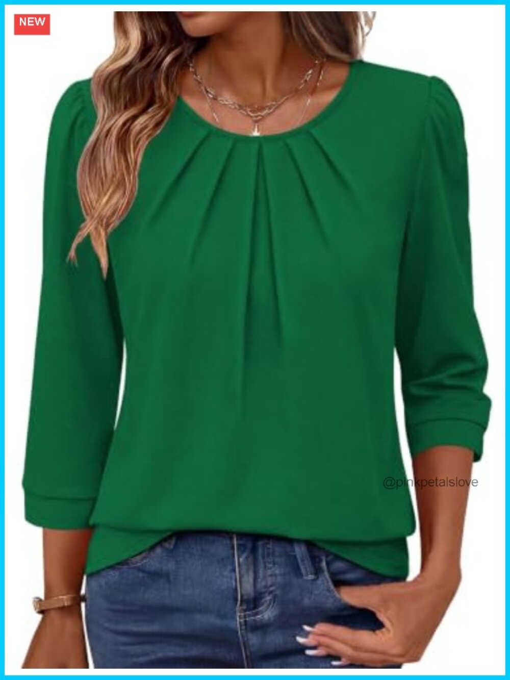 3/4 Sleeve Pleated Front Flowy Tunic Top